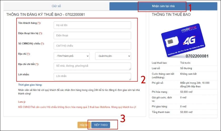 Nhấp chuột chuyển tab Nhận sim tại nh&agrave;, điền địa chỉ nhận h&agrave;ng, chọn g&oacute;i cước v&agrave; nhấp Tiếp theo