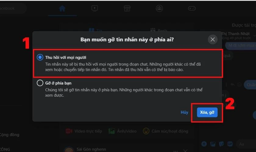 Chọn v&agrave;o mục Thu hồi với mọi người v&agrave; nhấn X&oacute;a, gỡ