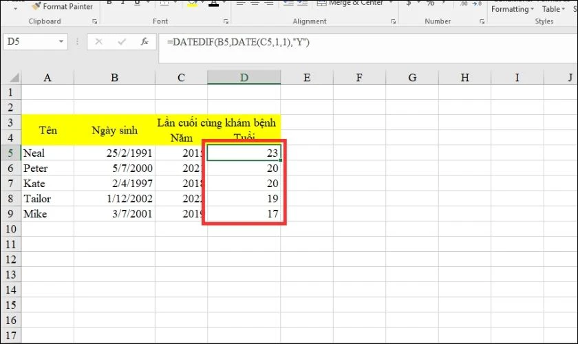 Cách tính tuổi trong Excel không có ngày tháng năm sinh cụ thể