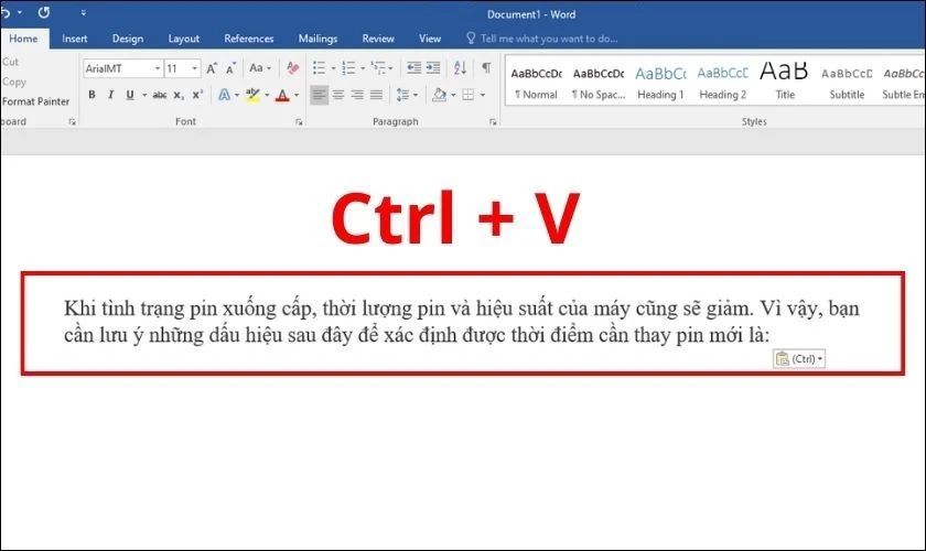 Nhấn Ctrl + V để d&aacute;n đoạn PDF cần ch&egrave;n v&agrave;o Word 