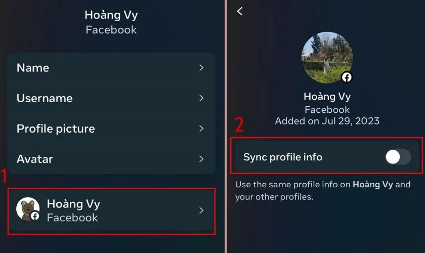Chọn tiếp t&ecirc;n Facebook một lần nữa ở b&ecirc;n dưới v&agrave; bật t&iacute;nh năng Đồng bộ h&oacute;a t&agrave;i khoản