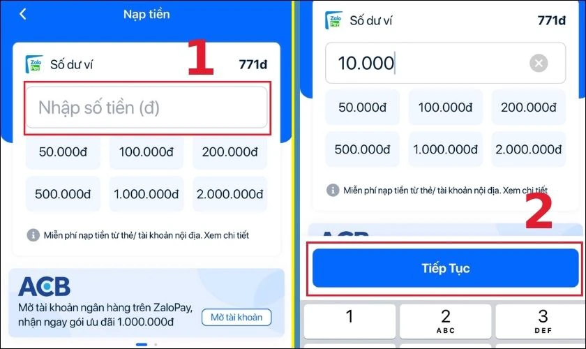 Nhập số tiền bạn muốn nạp v&agrave; nhấn chọn Tiếp Tục