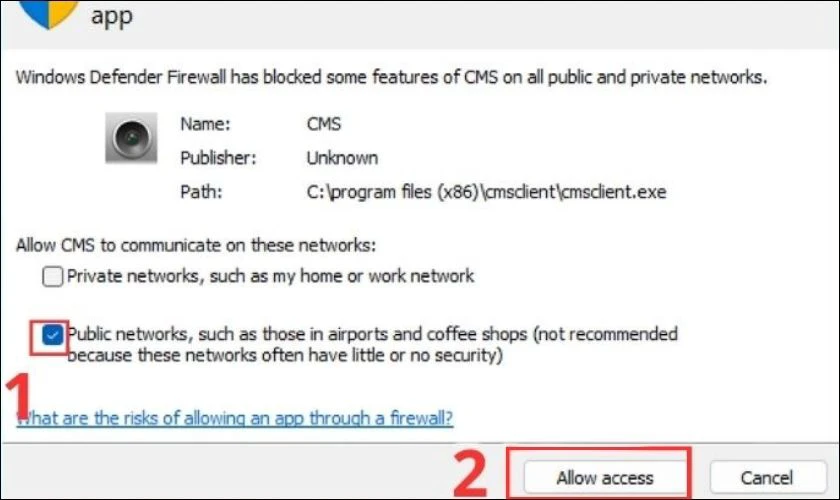 Chọn v&agrave;o chấm tr&ograve;n ở mục Public networks&hellip; Sau đ&oacute;, h&atilde;y nhấn v&agrave;o Allow access