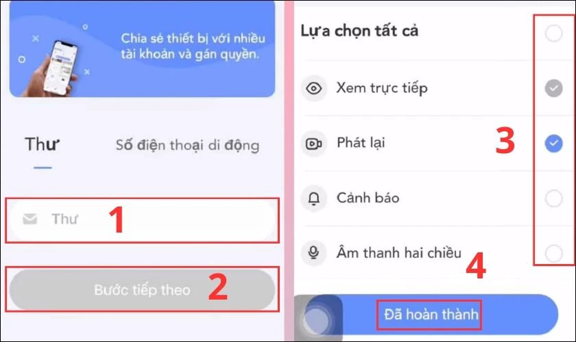 Tại đ&acirc;y bạn c&oacute; thể chia sẻ camera với người kh&aacute;c th&ocirc;ng qua số điện thoại hoặc địa chỉ Gmail