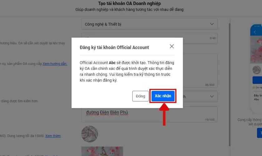 Bấm X&aacute;c nhận v&agrave; đợi hệ thống khởi tạo Official Account