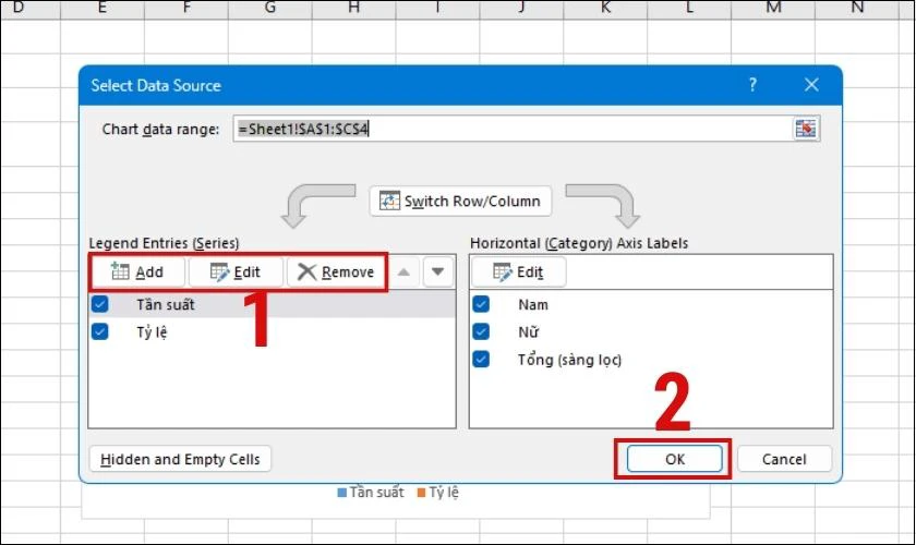 C&aacute;ch thay đổi dữ liệu khi tạo biểu đồ trong Excel
