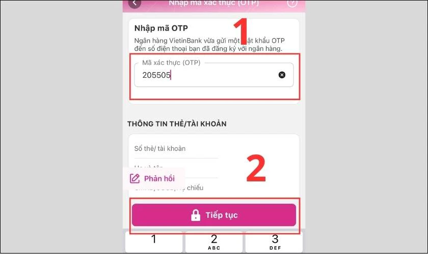 Nhập m&atilde; x&aacute;c thực v&agrave; nhấn Tiếp tục