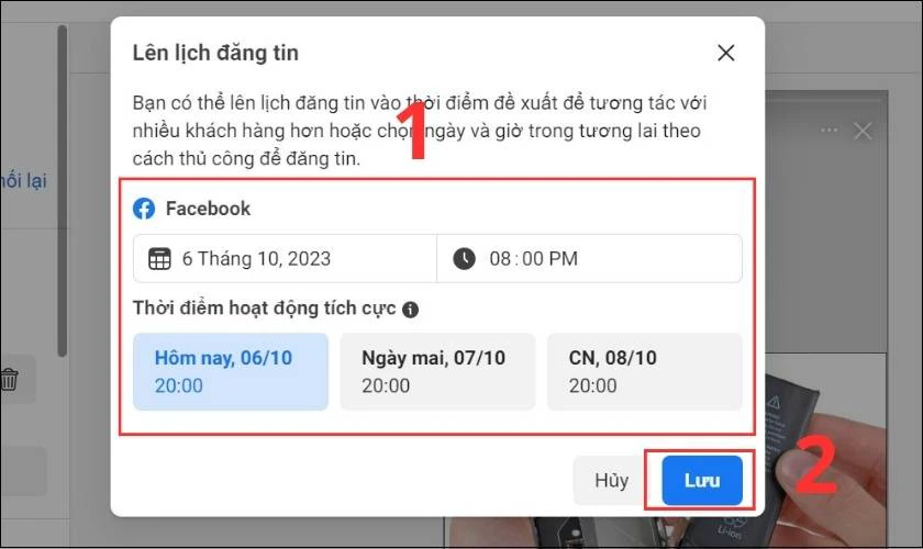 Chọn thời gian đăng gồm giờ v&agrave; ng&agrave;y đăng, sau c&ugrave;ng nhấn n&uacute;t Lưu