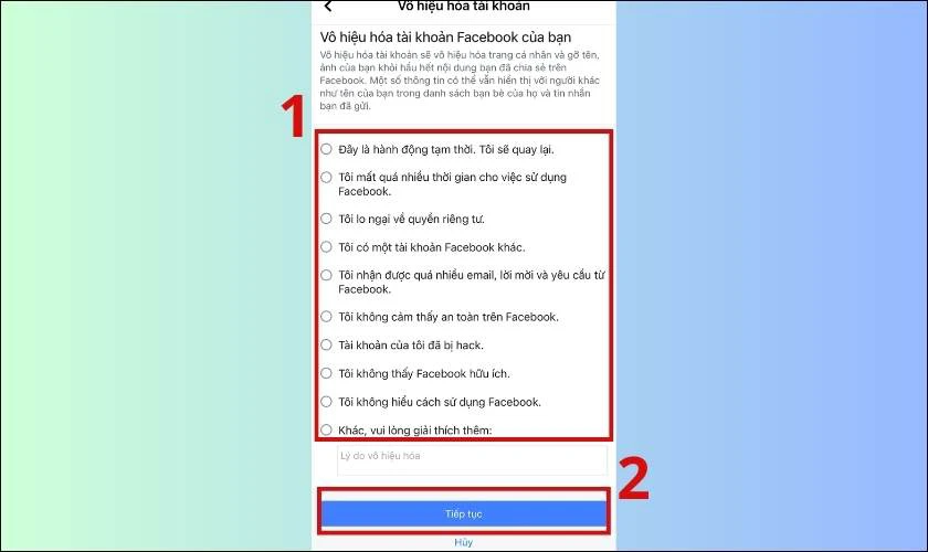 Chọn một l&yacute; do tương ứng v&agrave; nhấn Tiếp tục