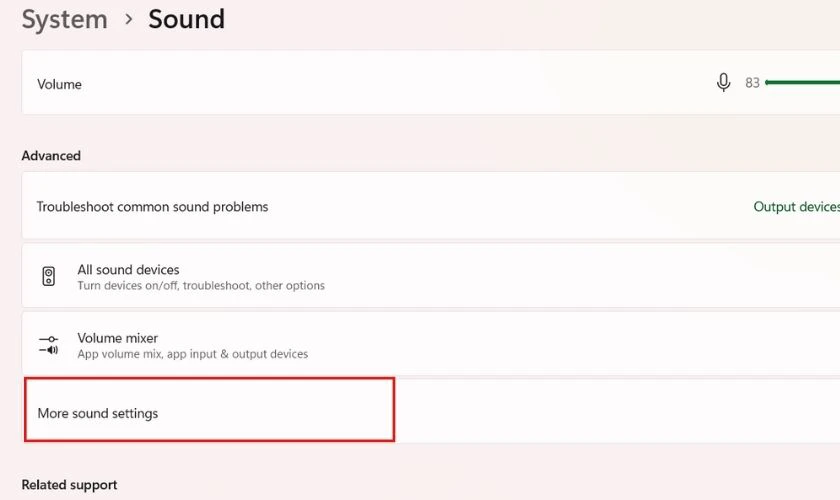 Trong cửa sổ cài đặt âm thanh, ở khung bên phải, chọn More sound settings