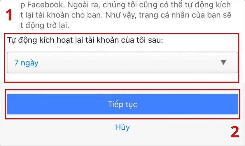 Chọn ng&agrave;y tự k&iacute;ch hoạt lại t&agrave;i khoản của bạn v&agrave; bấm chọn Tiếp tục