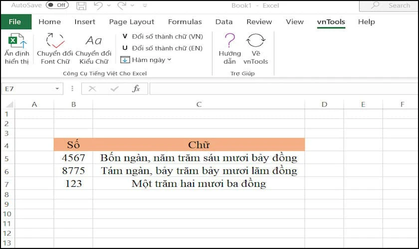 Kết quả chuyển đổi từ số sang thành chữ trong Excel