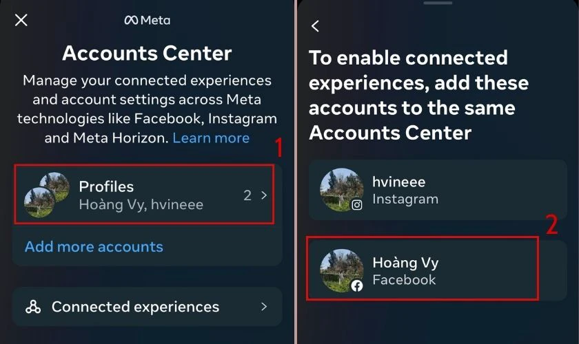 Nhấp mở mục T&agrave;i khoản v&agrave; chọn t&ecirc;n t&agrave;i khoản Facebook