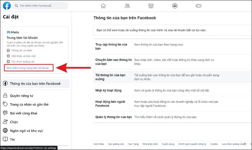 Nhấp v&agrave;o d&ograve;ng chữ Xem th&ecirc;m trong Trung t&acirc;m t&agrave;i khoản