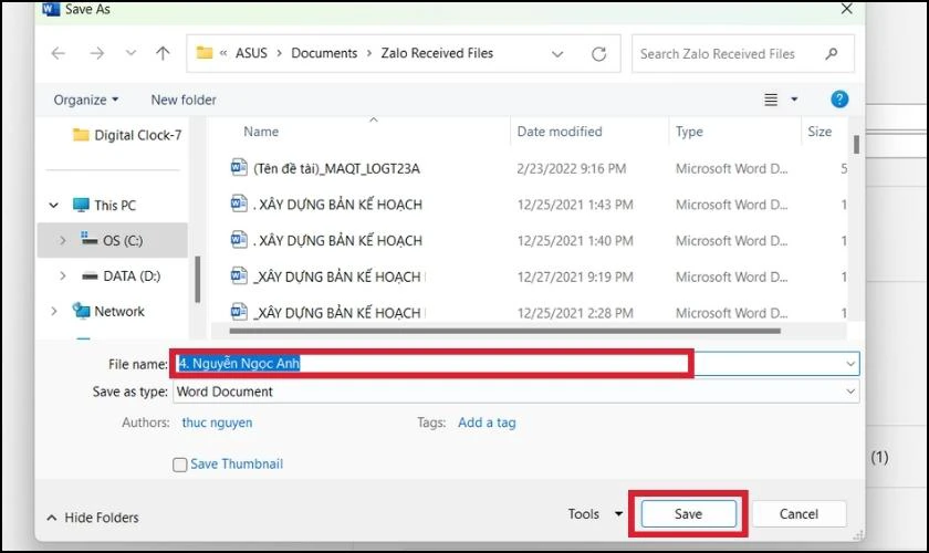 Chỉnh sửa t&ecirc;n file Word v&agrave; lưu lại 