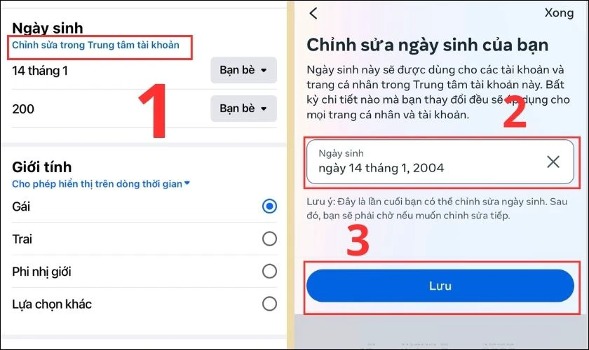 Nhấn v&agrave;o mục Chỉnh sửa, thay đổi th&ocirc;ng tin ng&agrave;y sinh v&agrave; nhấn Lưu