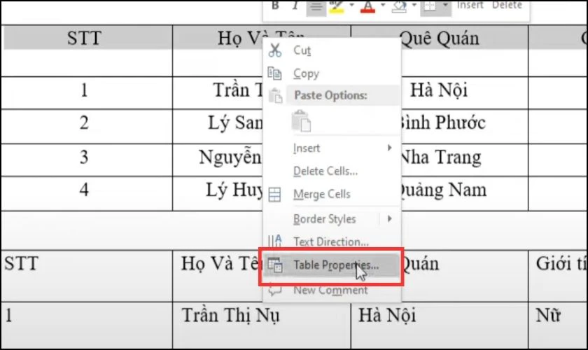 Sử dụng Table Properties trong Word