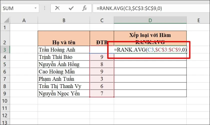 C&ocirc;ng th&uacute;c h&agrave;m RANK.AVG
