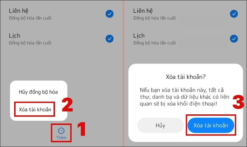 Nhấn v&agrave;o biểu tượng Ba chấm, chọn X&oacute;a t&agrave;i khoản, nhấn lại lần nữa để x&aacute;c nhận