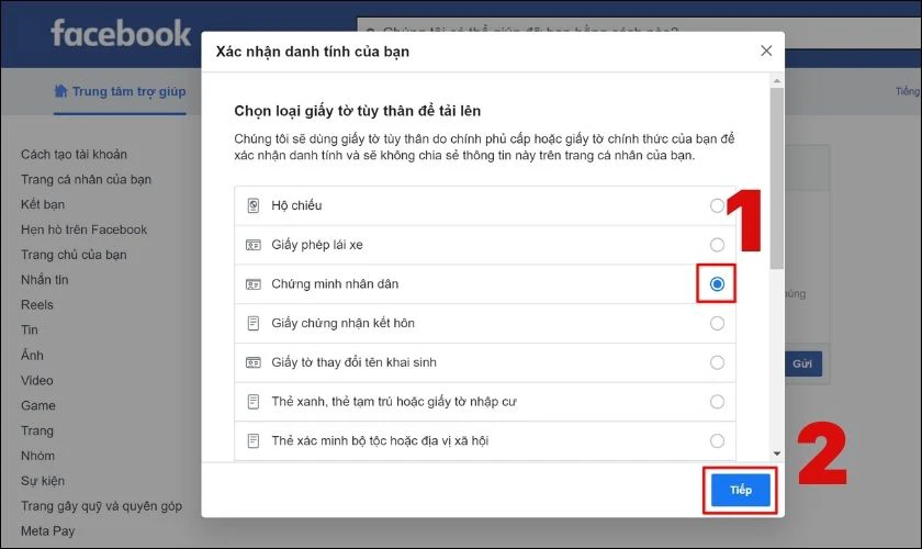 Chọn vào loại giấy tờ tuỳ thân và nhấn vào Tiếp
