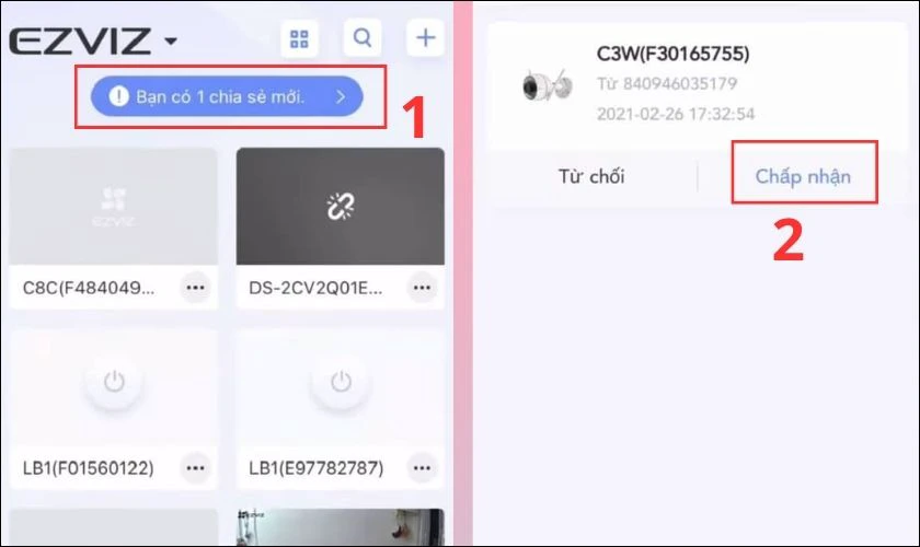 L&uacute;c n&agrave;y người được chia sẻ camera sẽ nhận được lời mờ, bạn h&atilde;y chọn v&agrave;o Bạn c&oacute; 1 chia sẻ mới