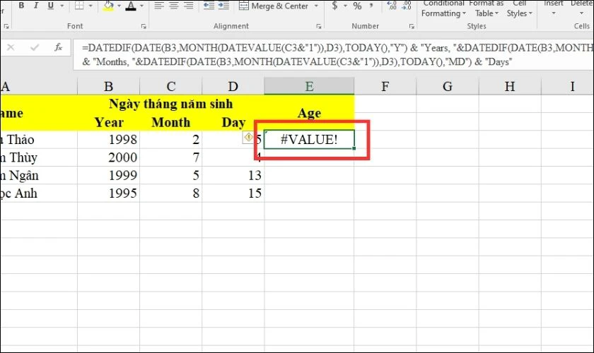 Các lỗi thường gặp khi tính tuổi trong excel
