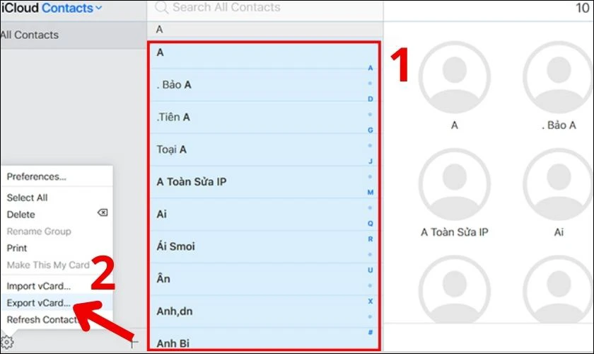 Chọn Danh bạ (Contact) v&agrave; nhấn Export vCard để tải c&aacute;c số li&ecirc;n lạc về m&aacute;y t&iacute;nh