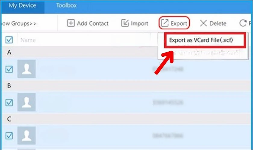 Nhấp v&agrave;o Export as VCard File(.vcf) để xuất file danh bạ