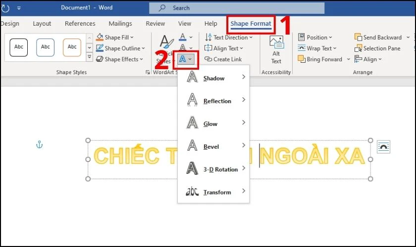 V&agrave;o thẻ Shape Format để chọn mục Text Effects