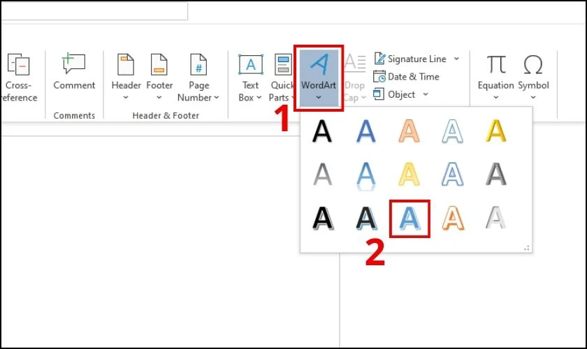 Chọn mục WordArt để xuất hiện danh s&aacute;ch c&aacute;c mẫu chữ