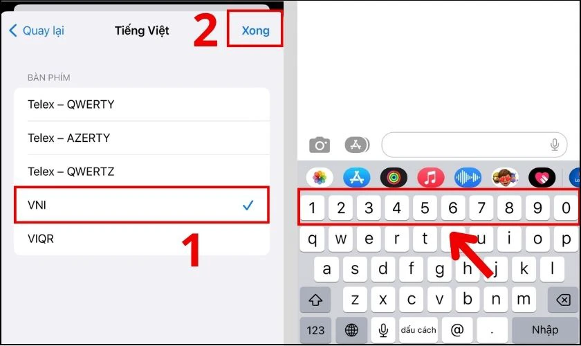 Chọn kiểu b&agrave;n ph&iacute;m VNI để c&agrave;i đặt số c&oacute; sẵn tr&ecirc;n iPhone