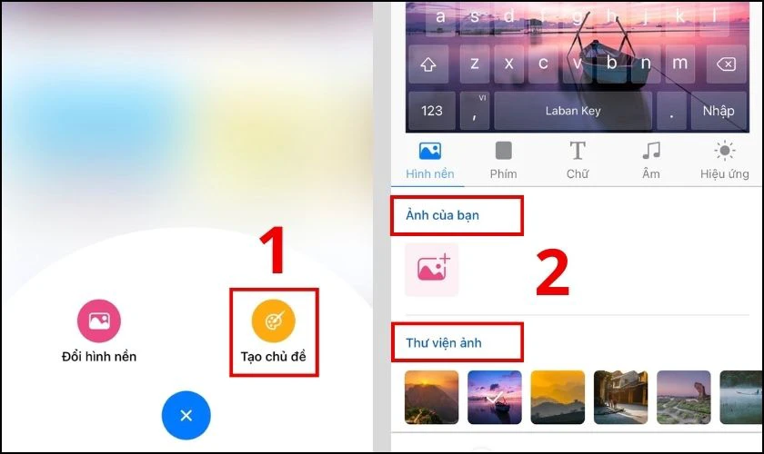 Chọn tiếp Ảnh của bạn hoặc Thư viện ảnh từ Laban Key để thay đổi m&agrave;n h&igrave;nh b&agrave;n ph&iacute;m