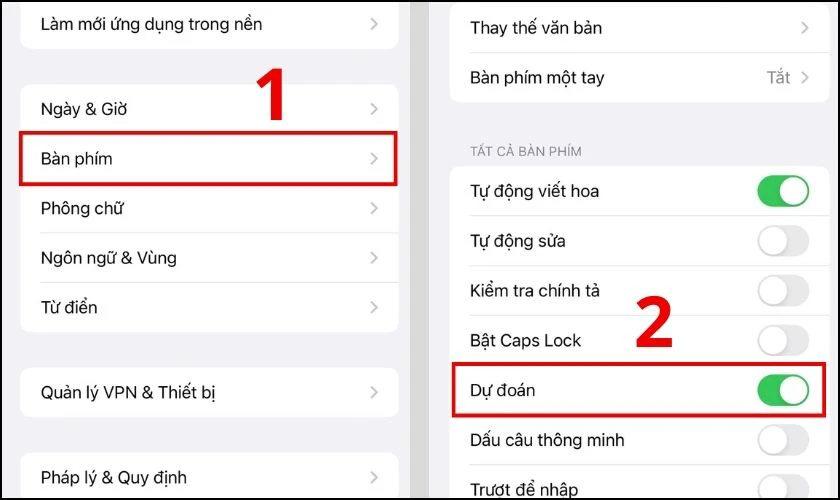 Bật t&iacute;nh năng gợi &yacute; từ khi đang g&otilde; văn bản tr&ecirc;n b&agrave;n ph&iacute;m iPhone