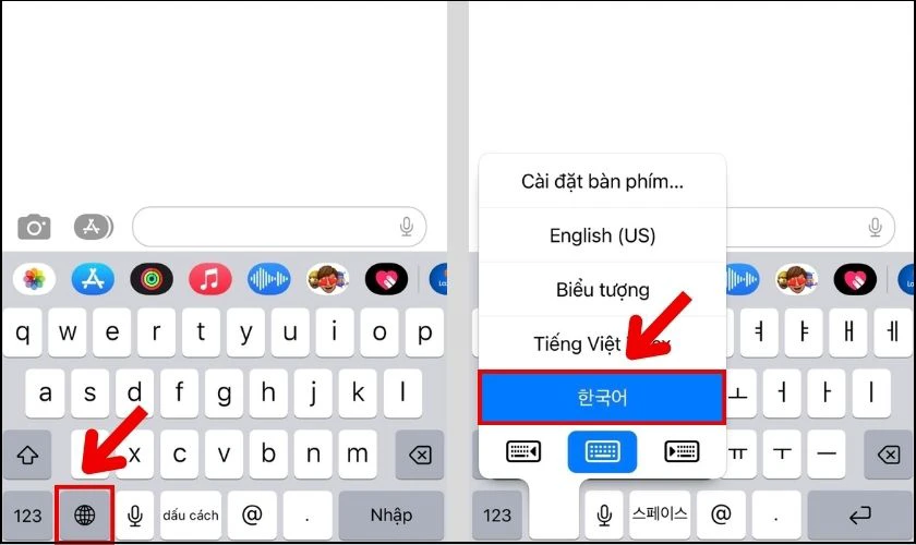 Nhấn giữ v&agrave;o biểu tượng quả địa cầu tr&ecirc;n b&agrave;n ph&iacute;m để thay đổi