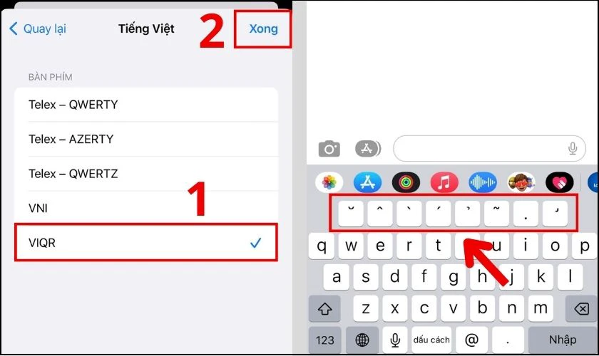 Chọn kiểu b&agrave;n ph&iacute;m VIQR trong danh s&aacute;ch để c&agrave;i Tiếng Việt c&oacute; dấu tr&ecirc;n iPhone