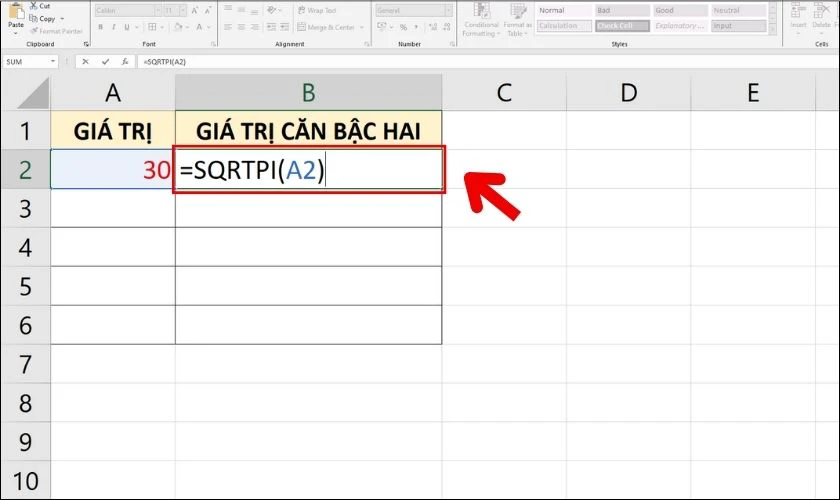 V&iacute; dụ minh họa c&aacute;ch d&ugrave;ng SQRTPI t&iacute;nh căn b&igrave;nh phương