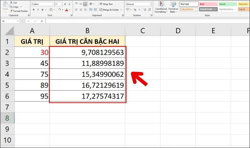 Kết quả sau khi d&ugrave;ng c&ocirc;ng thức SQRTPI để t&iacute;nh căn b&igrave;nh phương