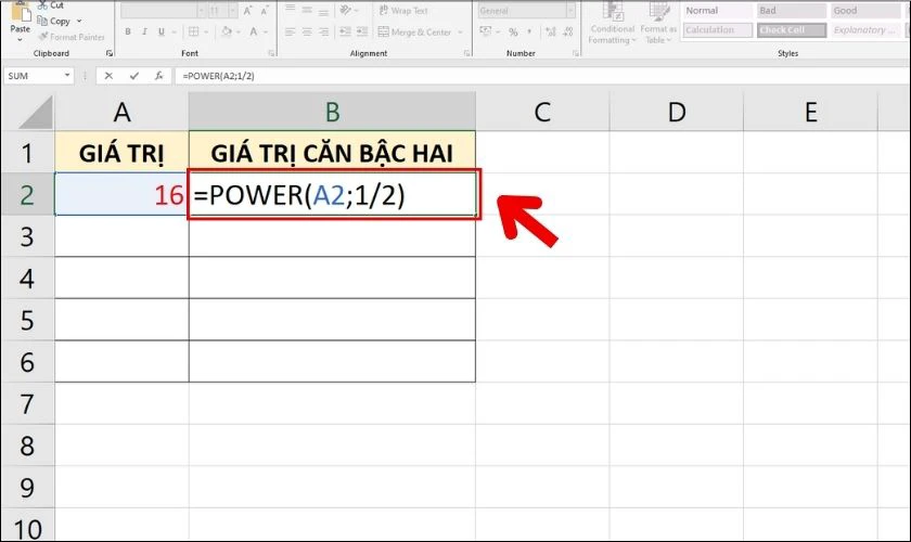 Sử dụng c&ocirc;ng thức POWER để t&iacute;nh căn b&igrave;nh phương