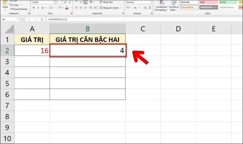 T&iacute;nh bậc 2 trong Excel bằng h&agrave;m Power