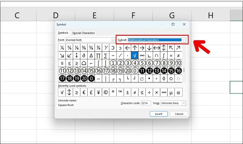 Bảng danh s&aacute;ch c&aacute;c biểu tượng trong Excel