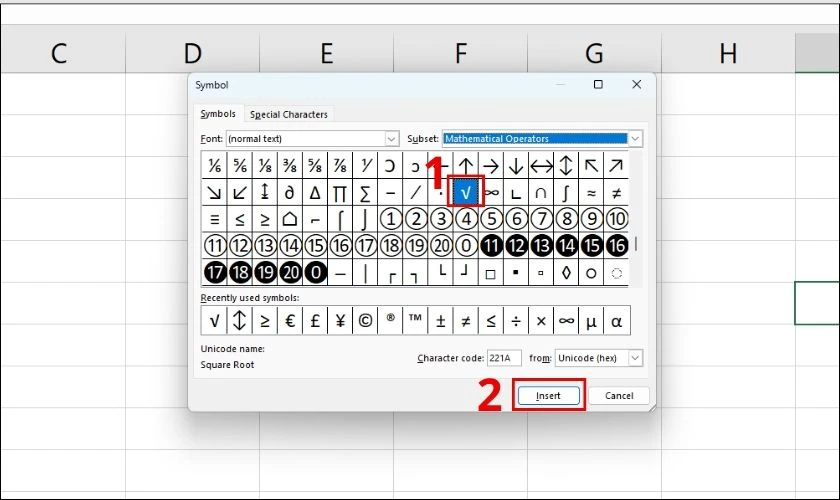 T&igrave;m kiếm biểu tượng căn bậc 2 trong bảng Symbol