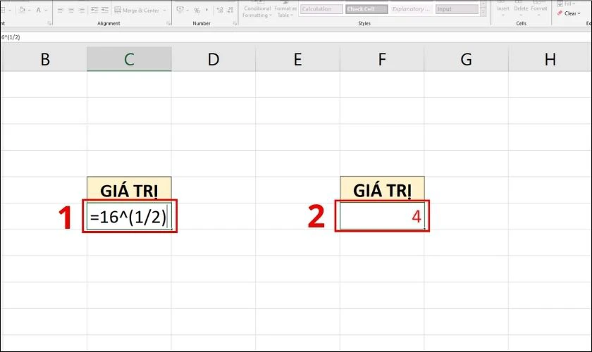 V&iacute; dụ minh họa về c&ocirc;ng thức t&iacute;nh căn bậc 2 trong Excel