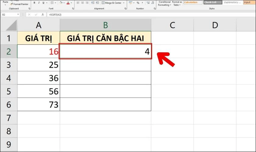 Lệnh căn b&igrave;nh phương trong bảng t&iacute;nh