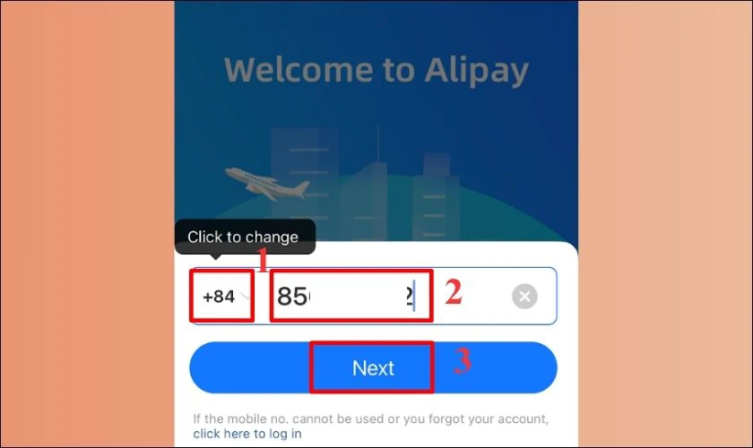 Chọn m&atilde; v&ugrave;ng, nhập số điện thoại v&agrave; nhấn Next