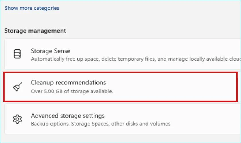 Nhấn chọn v&agrave;o Cleanup recommendations