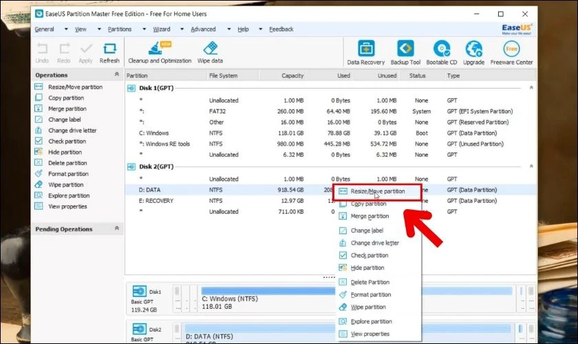 Nhấn chuột phải chọn Resize/ Move để chia ổ cứng trên Win 11