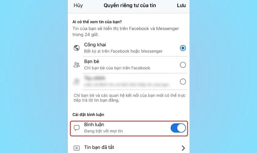 T&ugrave;y chỉnh bật, tắt b&igrave;nh luận story tr&ecirc;n Facebook