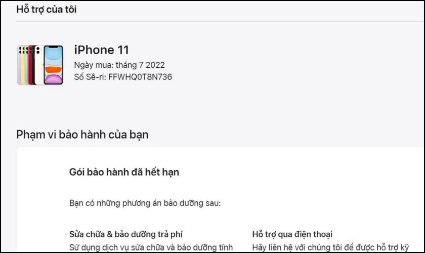Th&ocirc;ng tin về iPhone bao gồm ng&agrave;y mua, số seri v&agrave; thời hạn bảo h&agrave;nh được hi&ecirc;n rthị tr&ecirc;n m&agrave;n h&igrave;nh