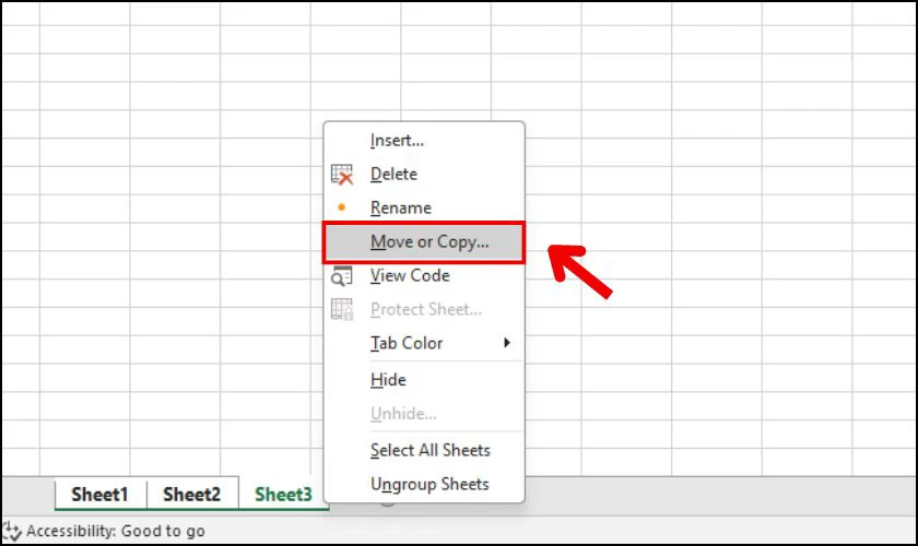 Chọn mục Move or Copy từ hộp thoại menu