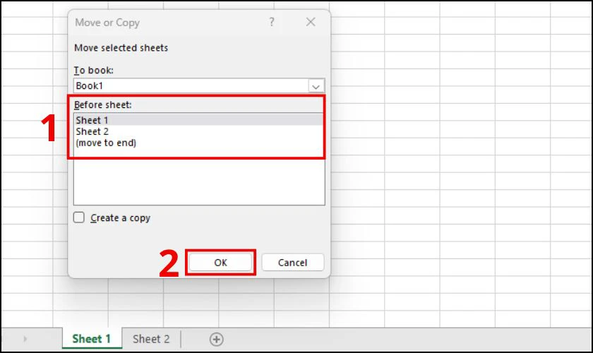 Chọn vị trí cần di chuyển sheet đến